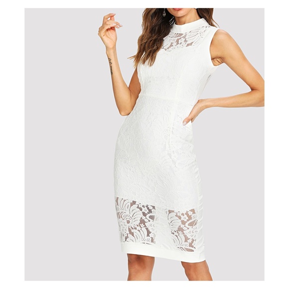 White Sleeveless Lace Overlay Bodycon Midi Dress - Picture 3 of 8